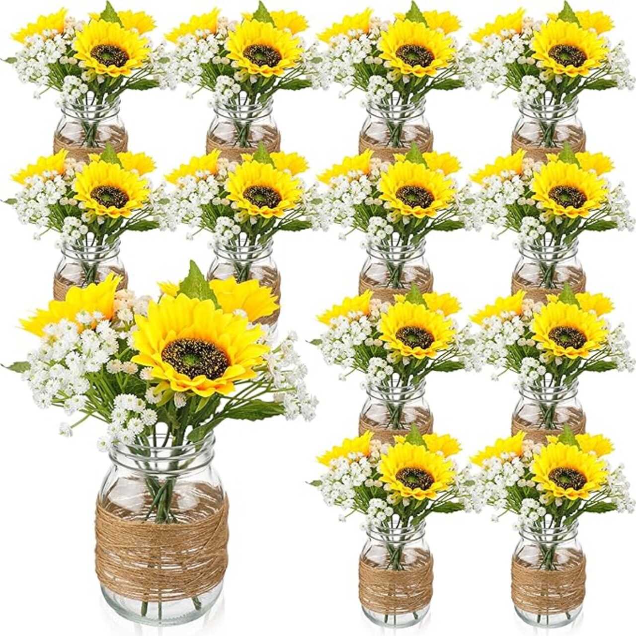 85pcs (12 Set) Sunflower Mason Jar Centerpiece Vases – Faux Floral with Rope, Boho Rustic Table Decorations for Wedding, Bridal Shower, Engagement, Reception & Party
